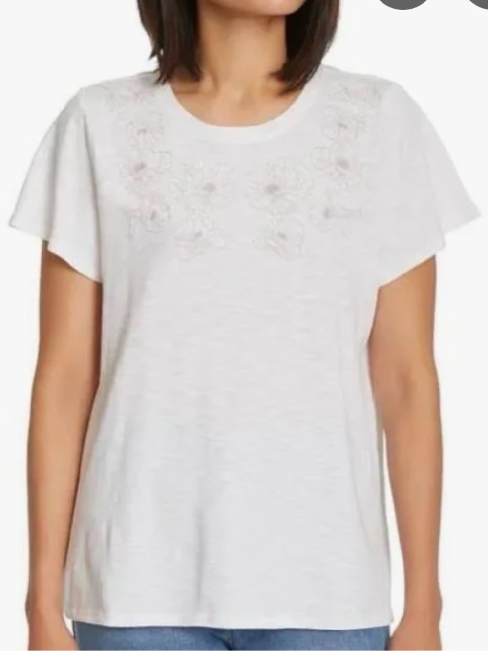 Ella Moss Womens Top Short Sleeve Embroidered Scoop Neck Textured Slub